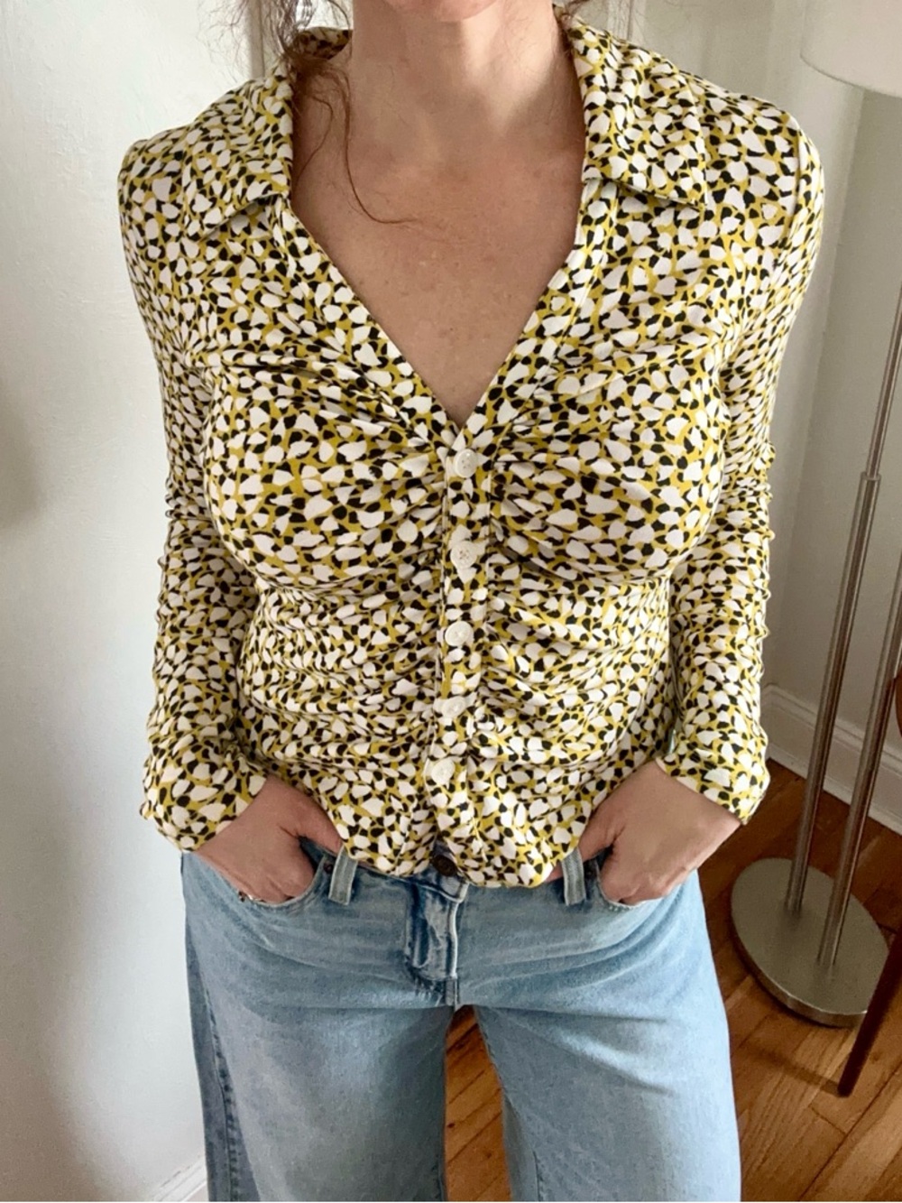 Like New Maeve by Anthropologie Yellow Patterned Button-Front Top